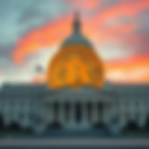 The Bitcoin symbol in front of the U.S. Senate building, symbolizing new regulations impacting cryptocurrency.