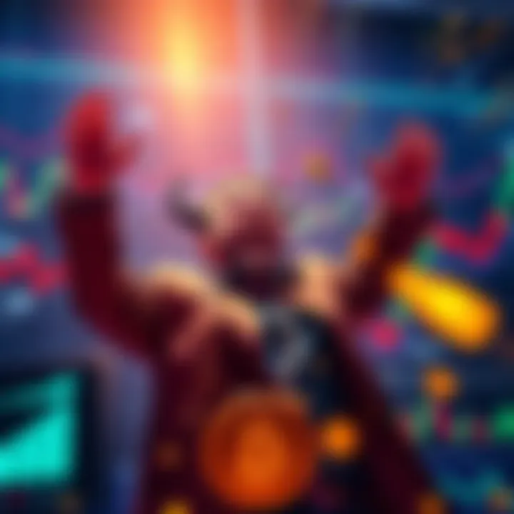 A bullish investor celebrating amidst rising Bitcoin graphs and charts