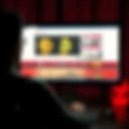 A person sitting in front of a computer screen, viewing the Silk Road website, with Bitcoin logos and drug-related imagery on the screen.