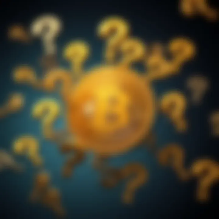 A depiction of a Bitcoin symbol surrounded by question marks, representing skepticism and concerns about cryptocurrency regulations and efficiency.