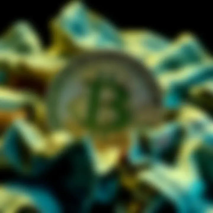 A Bitcoin symbol surrounded by crumpled dollar bills, illustrating market stability and interest in cryptocurrency.