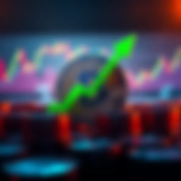 Bitcoin symbol with a green upward arrow indicating stability above $70k, amidst a backdrop of financial graphs and oil barrels