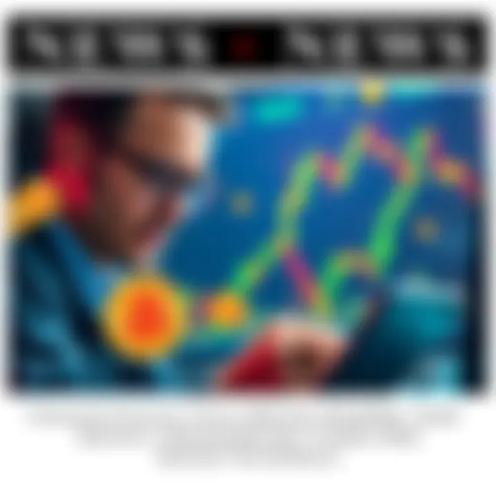 A trader looking at a fluctuating Bitcoin price graph with worried expressions, surrounded by digital currency symbols and trading tools.