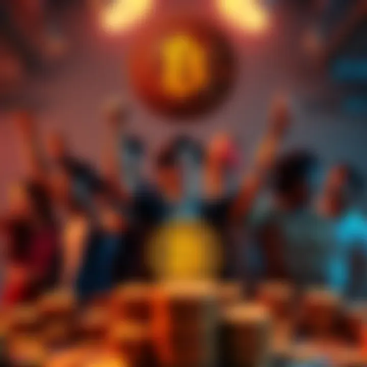 A group of diverse people celebrating their financial independence with Bitcoin symbols and stacks of coins around them