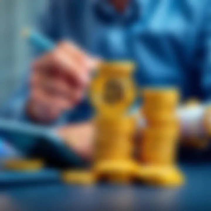 A person stacking Bitcoin coins with a planner and a calculator, symbolizing retirement planning and financial security.