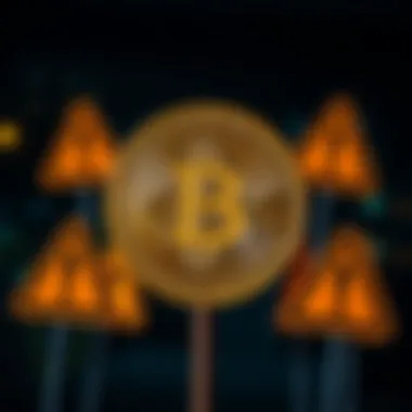 A Bitcoin symbol surrounded by warning signs indicating stagnation in transaction handling.