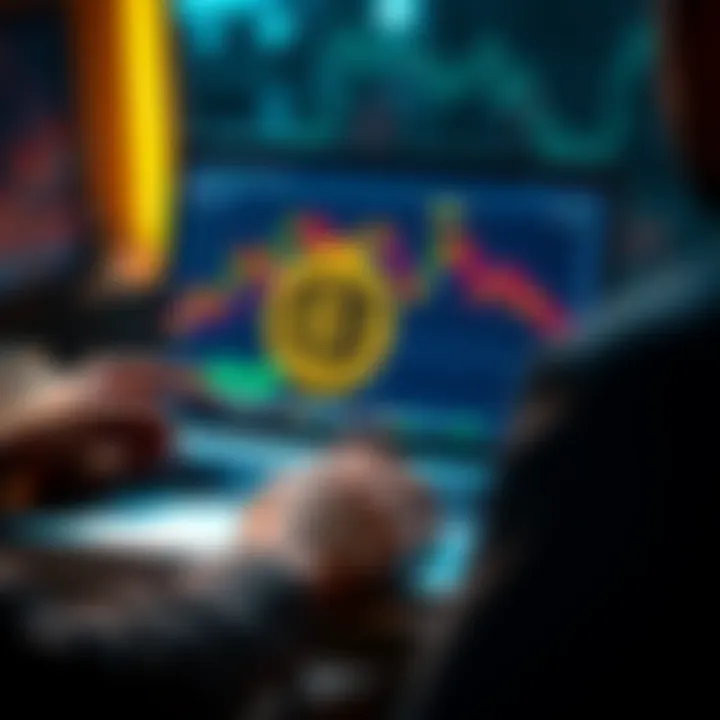 A person analyzing Bitcoin staking platforms on a laptop with digital currency graphs on the screen.