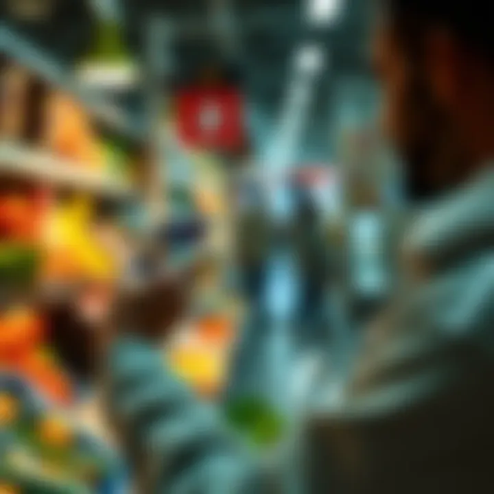 A person using a smartphone to pay for groceries with Bitcoin. The scene shows modern shopping and digital currency usage.