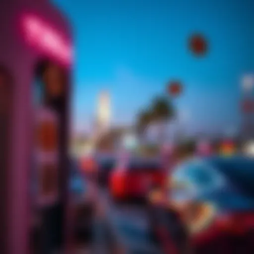 Close-up of Bitcoin stickers attached to a Tesla charging station in Los Angeles, with cars parked nearby.