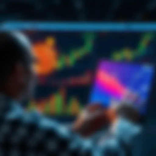 A person analyzing charts for Bitcoin and stock investments, showing financial growth and balance, with graphs and digital currency symbols visible.