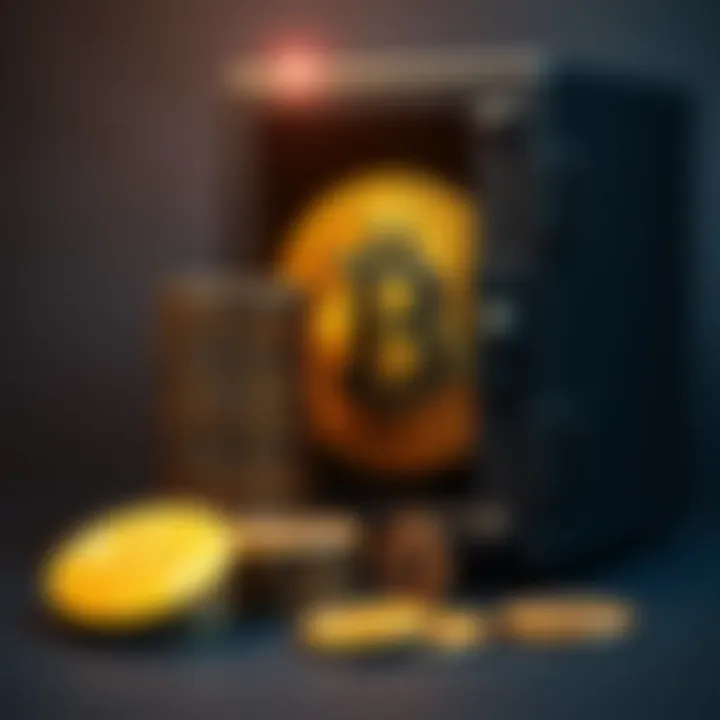 A graphic depicting Bitcoin coins stacked next to a traditional safe, symbolizing its value and storage.