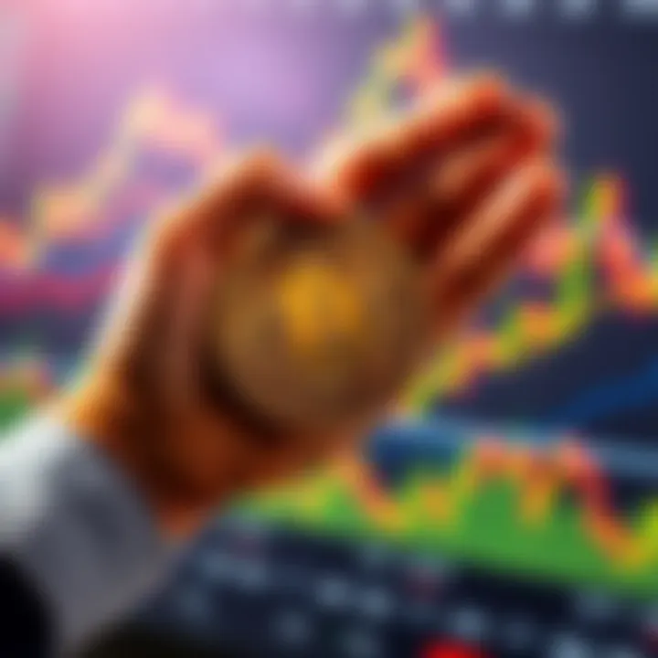 A hand holding a physical Bitcoin coin with financial charts in the background