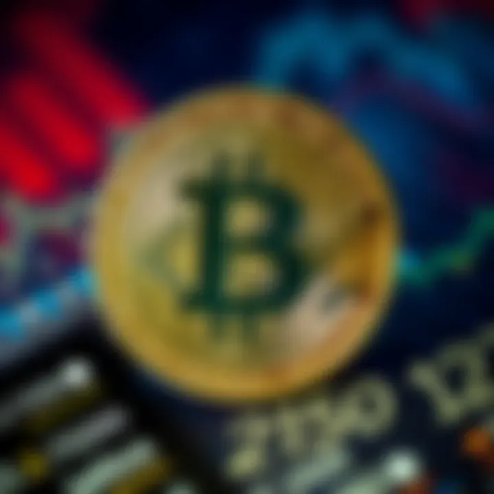 A strong Bitcoin symbol in front of a backdrop representing economic challenges and inflation, symbolizing resilience in the face of financial turmoil.