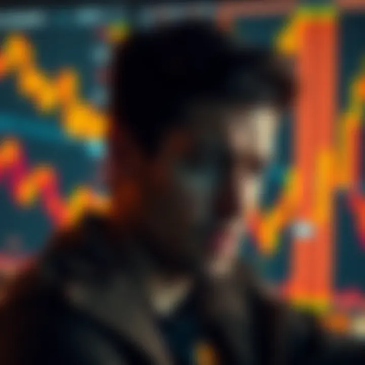 A person looking at a fluctuating Bitcoin graph on a screen, showing signs of stress and concentration.