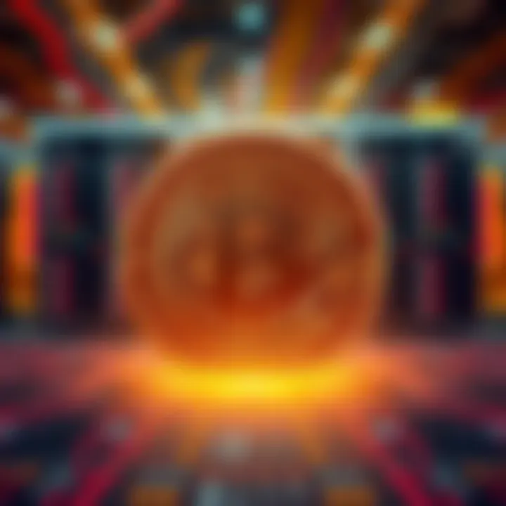 Illustration showing Bitcoin symbol with a powerful computer cluster in the background, highlighting Bitcoin's processing power exceeding that of supercomputers.