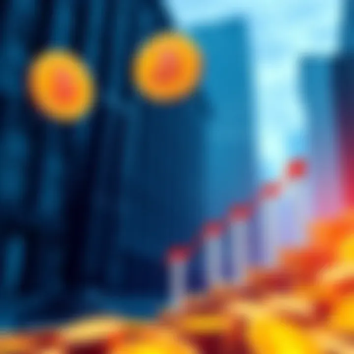 An illustration showing Bitcoin symbols with upward arrows and institutional buildings in the background, representing market evolution and new trends.