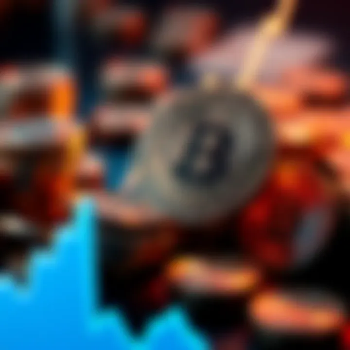 Bitcoin coins with a downward trend graph, symbolizing decreasing availability and rising prices