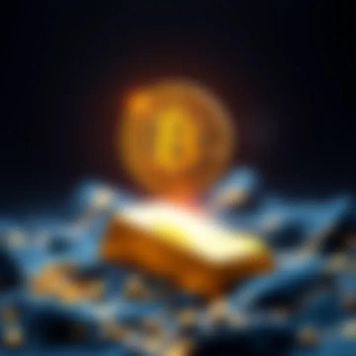 A graphic showing Bitcoin symbol rising above a gold bar, representing its increased value and market dominance.
