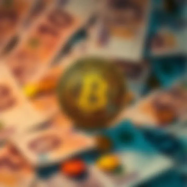 A golden bitcoin symbol stands out among scattered fiat currency notes, illustrating the contrast between cryptocurrencies and traditional money.