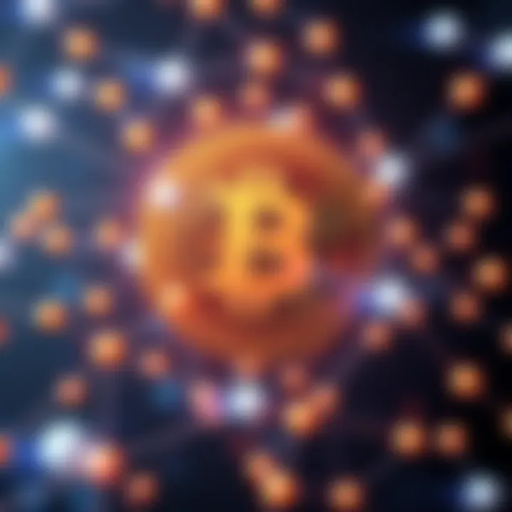 Bitcoin symbol with decentralized network A Bitcoin symbol connected to a web of nodes representing a decentralized network, showing financial independence.