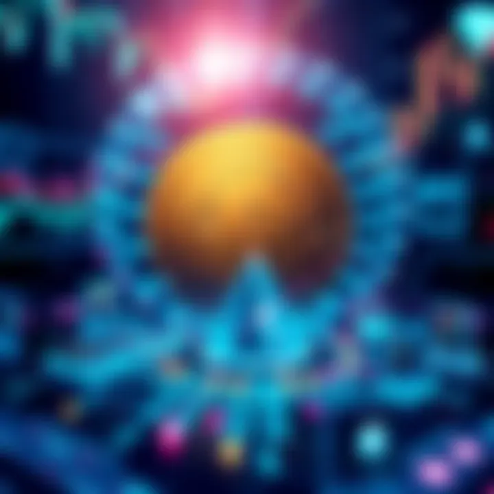 A Bitcoin symbol surrounded by digital graphics representing cryptocurrency.