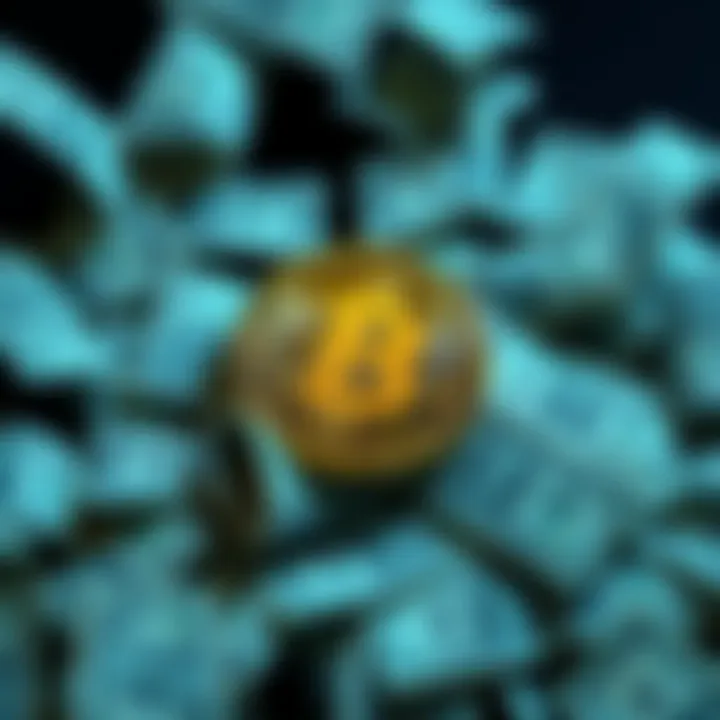 A graphic showing the Bitcoin symbol surrounded by scattered dollar bills, representing the conflict between cryptocurrency belief and financial concerns.