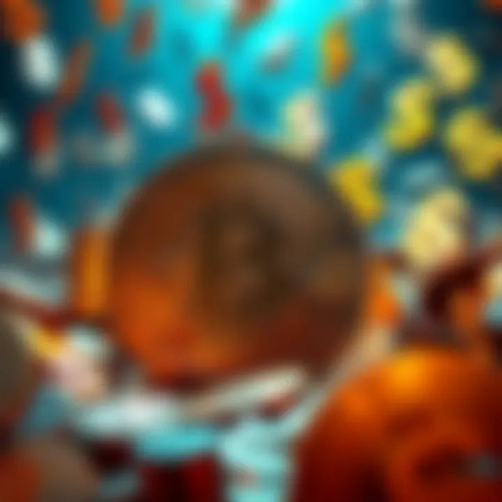 A large Bitcoin symbol surrounded by floating dollar signs representing its value in the economy