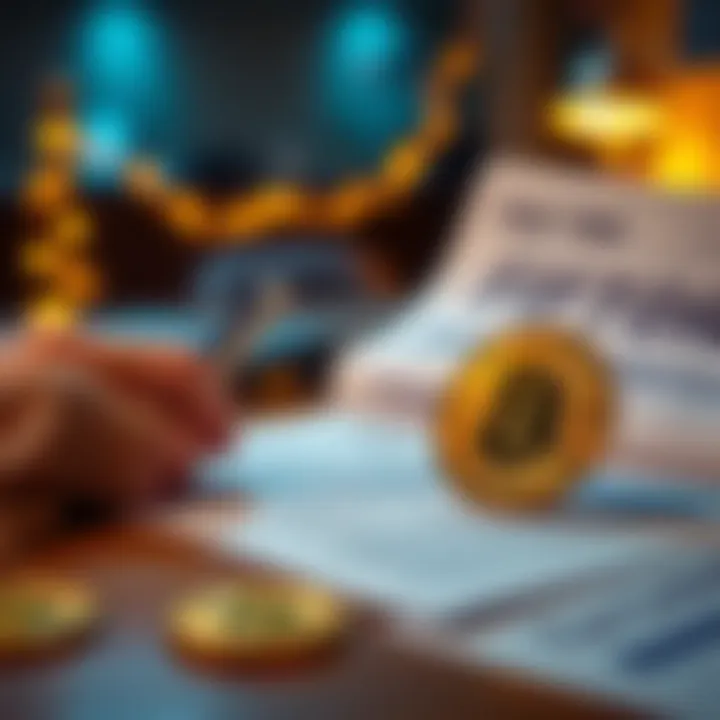 Bitcoin and tax documents A person reviewing tax documents with a Bitcoin symbol on the table