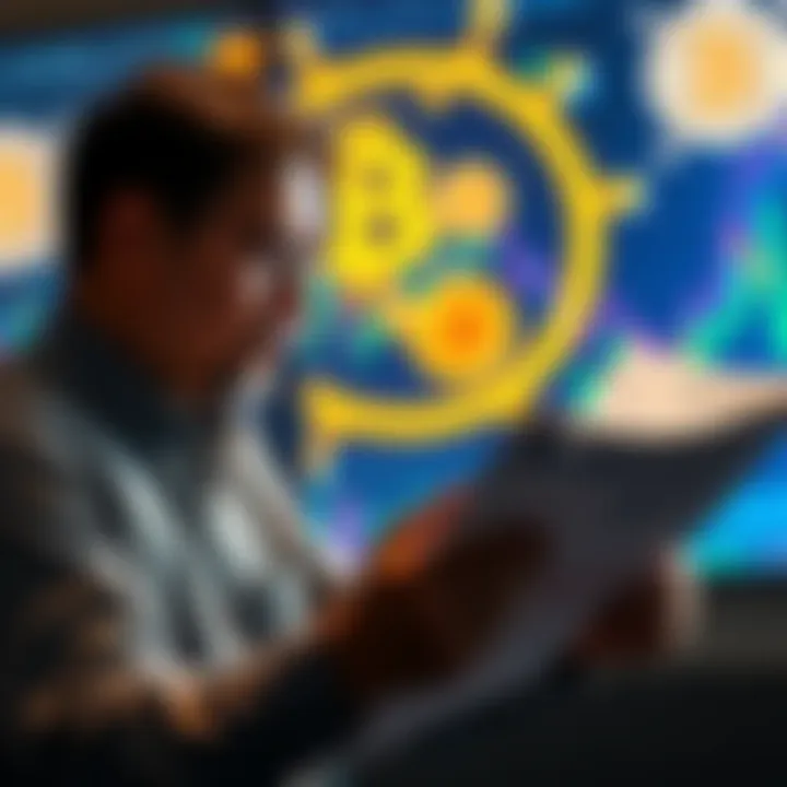 A person reviewing tax documents with Bitcoin graphics in the background.