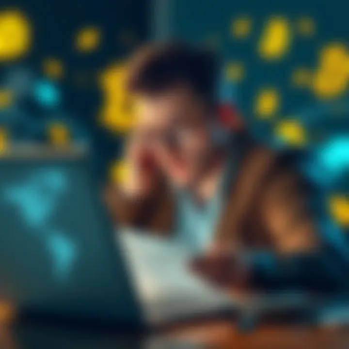 A person looking worried while checking Bitcoin profits on a laptop, with tax forms and currency symbols in the background.