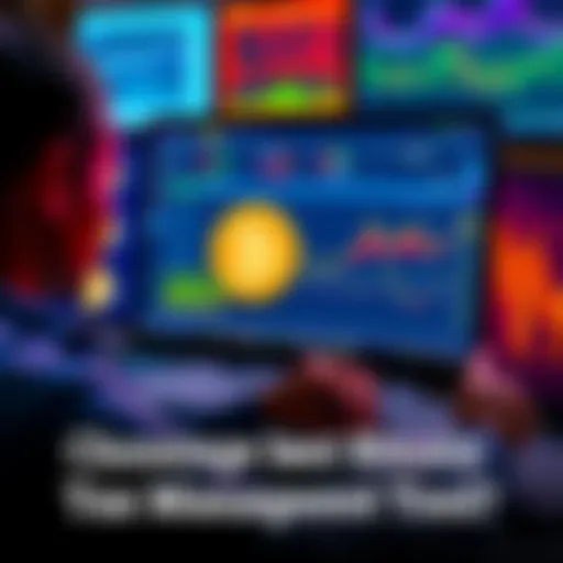 A person analyzing Bitcoin transactions on a computer with tax management software open, surrounded by graphs and charts.