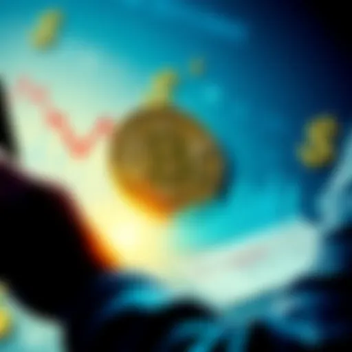 A person looking at a graph showing Bitcoin price drop with dollar signs and tax forms in the background.