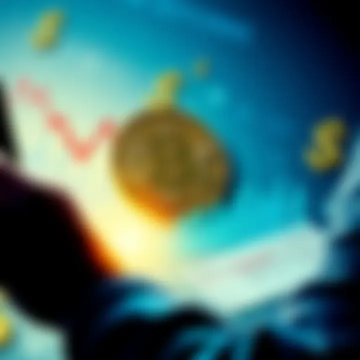 A person looking at a graph showing Bitcoin price drop with dollar signs and tax forms in the background.