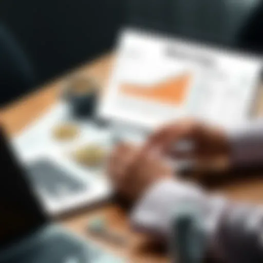 A person calculating taxes related to Bitcoin transactions on a laptop, with financial documents and a coffee cup on the table.