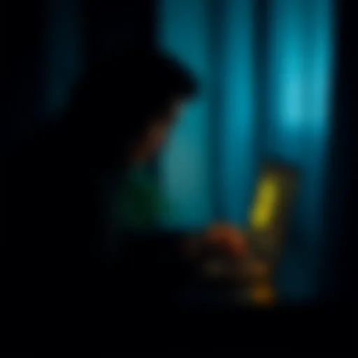 A shadowy figure using a laptop in a dimly lit room, with Bitcoin graphics on the screen, symbolizing online theft.