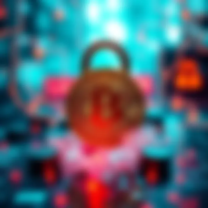 A visual representation of bitcoin being guarded with a padlock and surrounded by digital threats like hacking symbols, showing the risk of theft