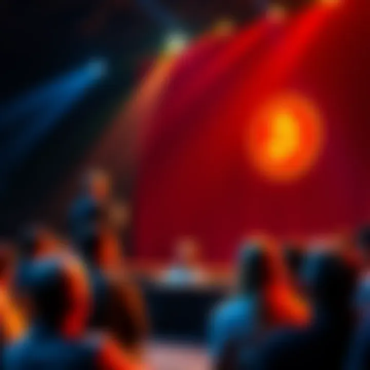 A presenter stands on stage with a microphone, engaging an audience while discussing Bitcoin topics suitable for a general audience.