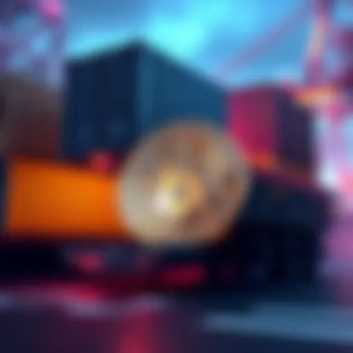 A digital representation of Bitcoin being supported by shipping containers, symbolizing international trade enforcement efforts.