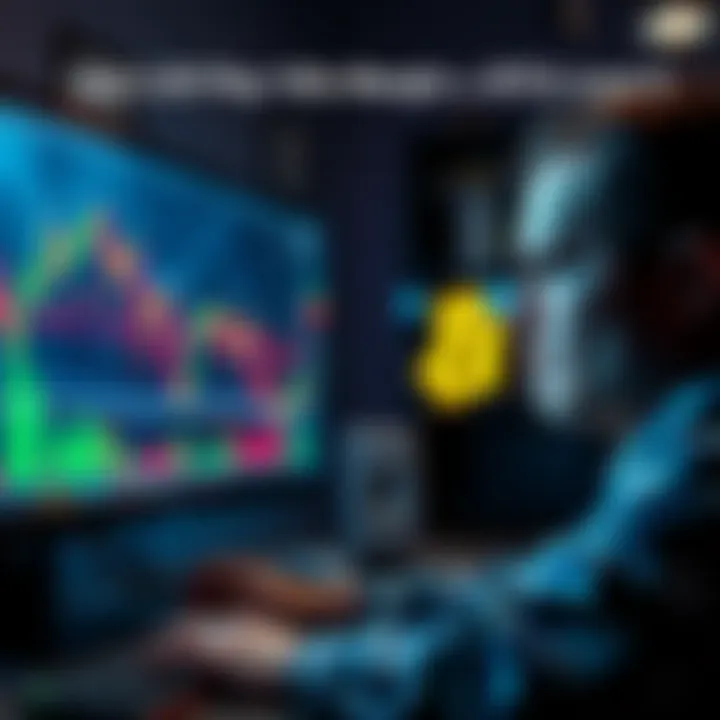 A disappointed trader looking at a falling Bitcoin chart on a computer screen after high leverage trade