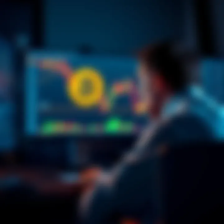A frustrated investor stares at a computer screen showing a declining bitcoin chart, representing financial loss and regret.