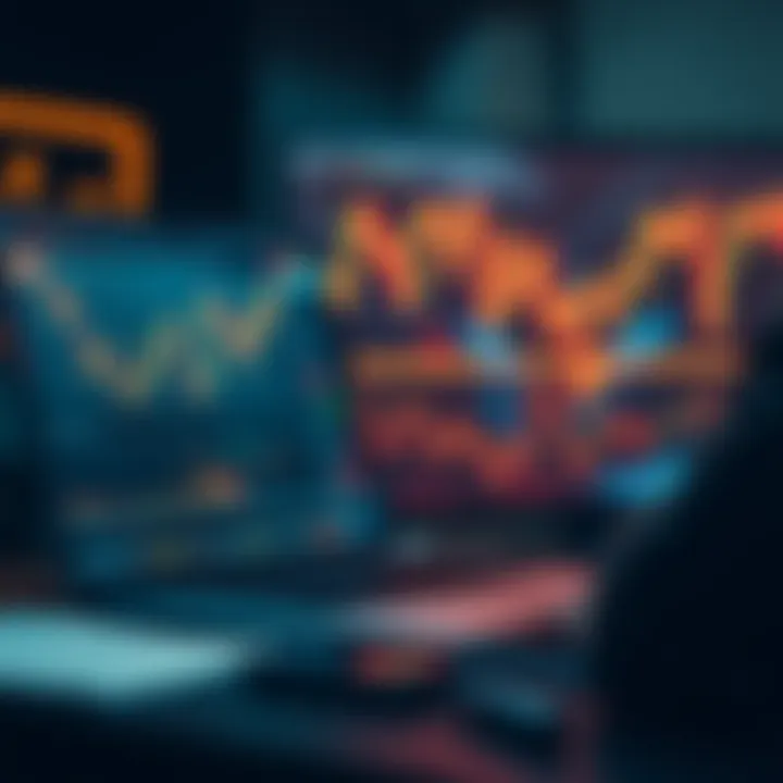 Bitcoin Trading with Stop Loss A trader monitors Bitcoin prices on a laptop with charts and graphs showing market fluctuations, emphasizing the importance of stop losses for investment protection.