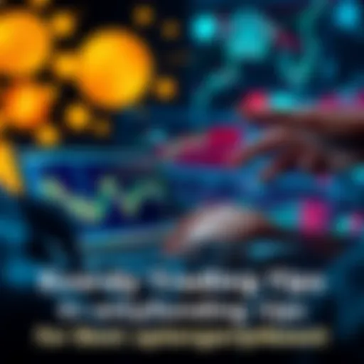 A person analyzing Bitcoin charts on a laptop with cryptocurrency symbols in the background