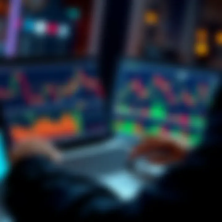 A person analyzing Bitcoin charts on a laptop, focusing on long-term trading strategies, with graphs showing market dips and potential returns.