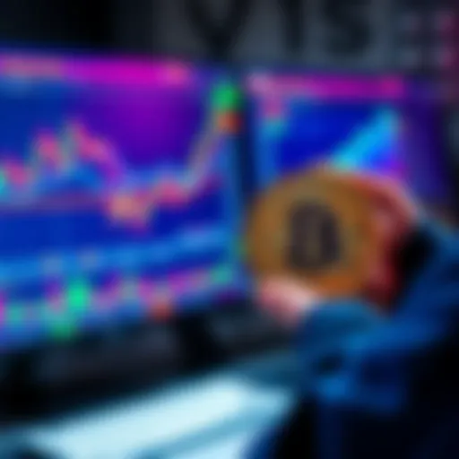 A person analyzing Bitcoin charts on a computer while holding a Bitcoin coin, illustrating the buying and holding strategy.