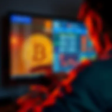 A frustrated crypto holder looks at a screen showing frozen Bitcoin transactions and exchange demands for proof of funds.