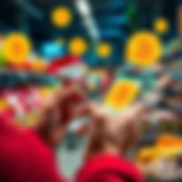 A person using a smartphone to pay for groceries with Bitcoin, showing a digital wallet app on the screen and Bitcoin symbols around.