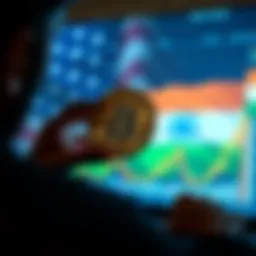 A person examining a digital chart of Bitcoin with flags representing India and the U.S. in the background