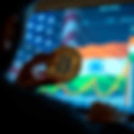 A person examining a digital chart of Bitcoin with flags representing India and the U.S. in the background