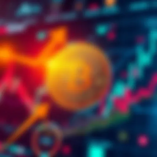 Visual representation of Bitcoin being moved with arrows indicating transfer direction amidst market graphs