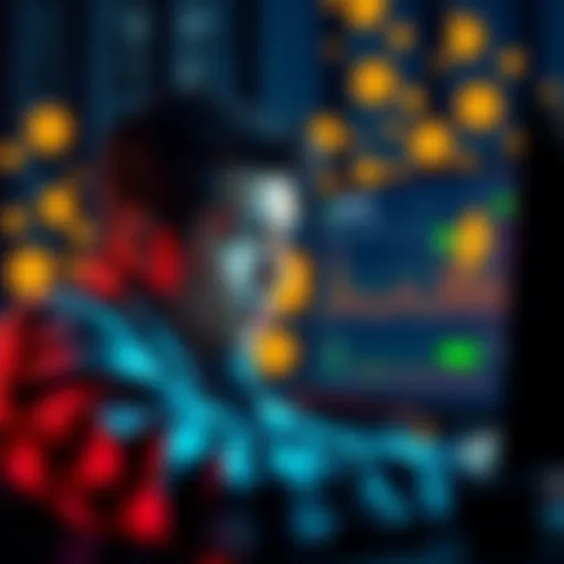 A person looking concerned while checking their cryptocurrency wallet and transaction status on a computer screen, with Bitcoin icons in the background.